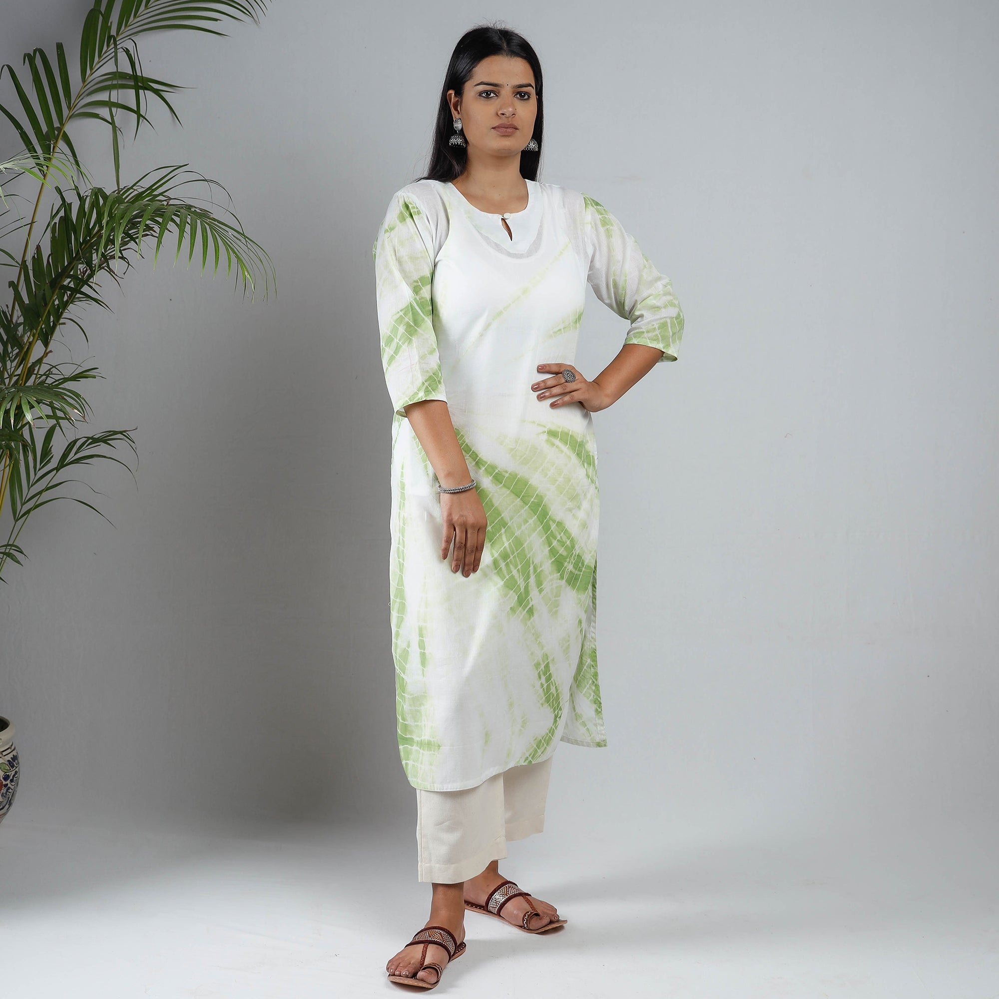White & Green Shibori Tie-Dye Mul Cotton Long Kurta for Women