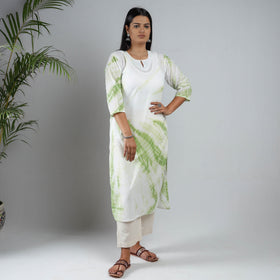 White & Green Shibori Tie-Dye Mul Cotton Long Kurta for Women
