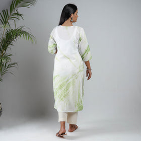 White & Green Shibori Tie-Dye Mul Cotton Long Kurta for Women