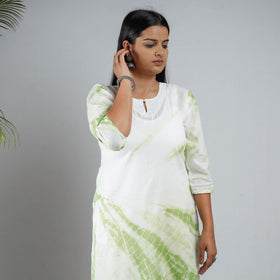 White & Green Shibori Tie-Dye Mul Cotton Long Kurta for Women
