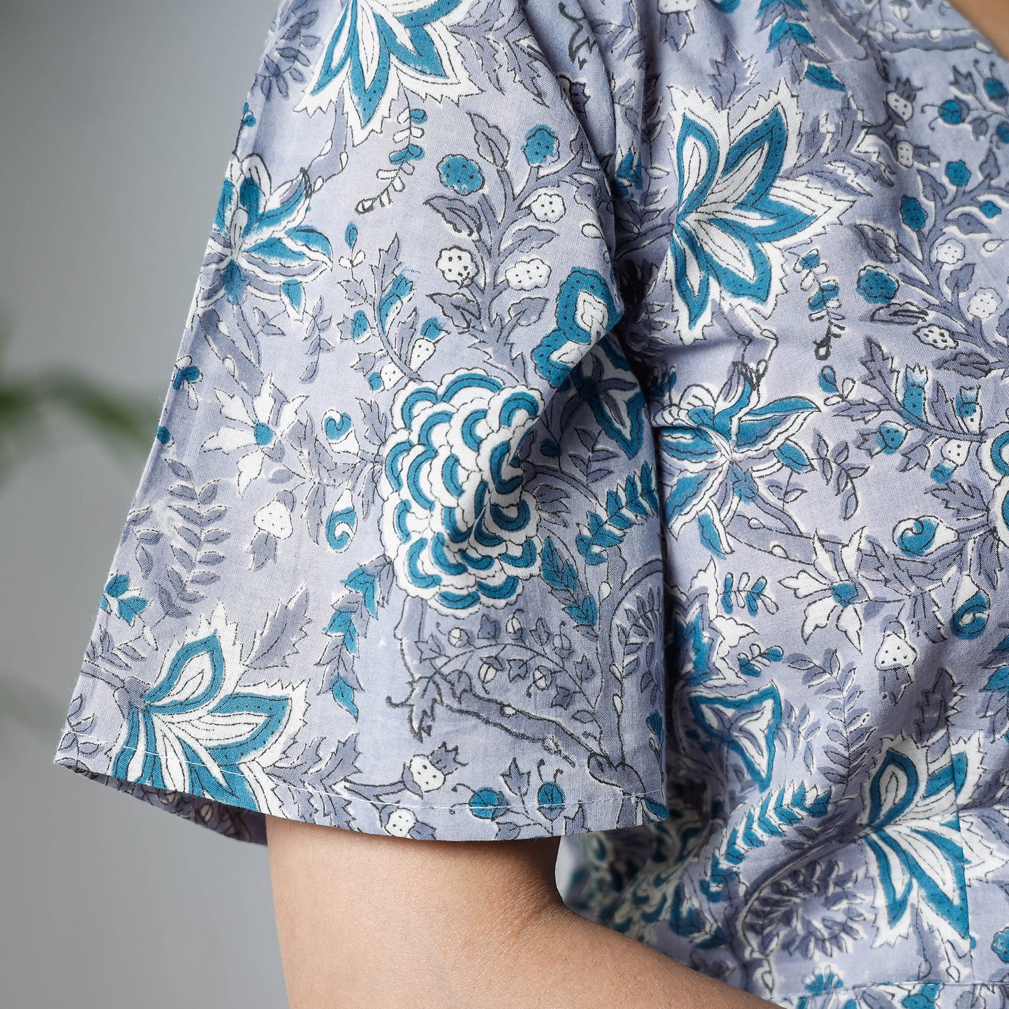 Grey - Sanganeri Hand Block Prints Half Sleeve Cotton Crop Top