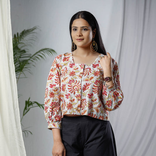Grey with Red Flower - Sanganeri Hand Block Prints Full Sleeve Cotton Crop Top