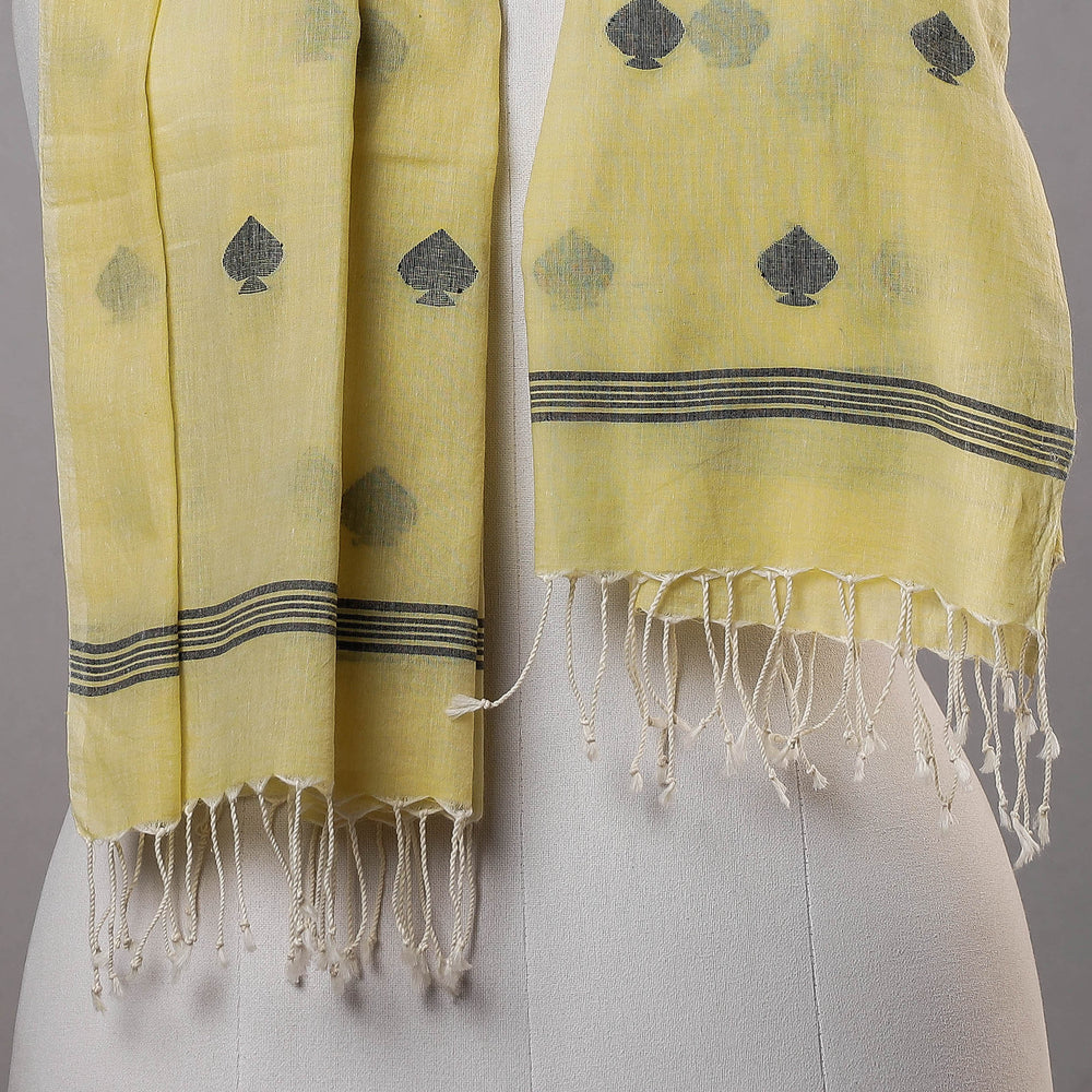 Yellow - Phulia Bengal Jamdani Handloom Pure Cotton Stole with Tassels