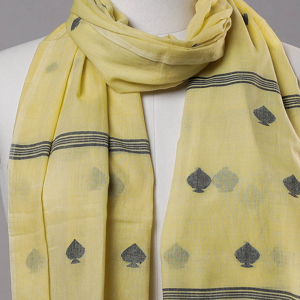 Yellow - Phulia Bengal Jamdani Handloom Pure Cotton Stole with Tassels