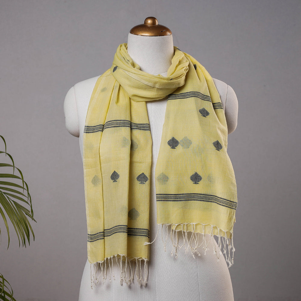 Yellow - Phulia Bengal Jamdani Handloom Pure Cotton Stole with Tassels