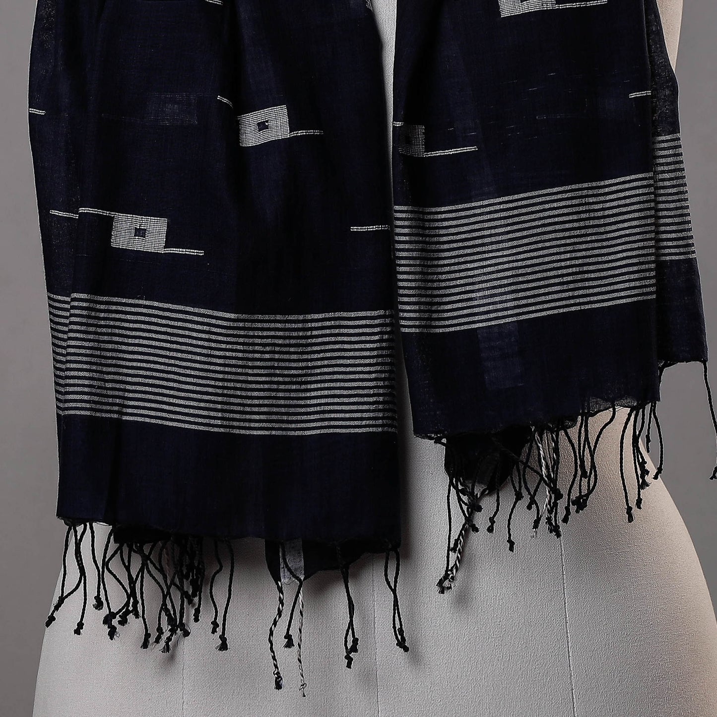 Black - Burdwan Jamdani Buti Handloom Pure Cotton Stole with Tassels