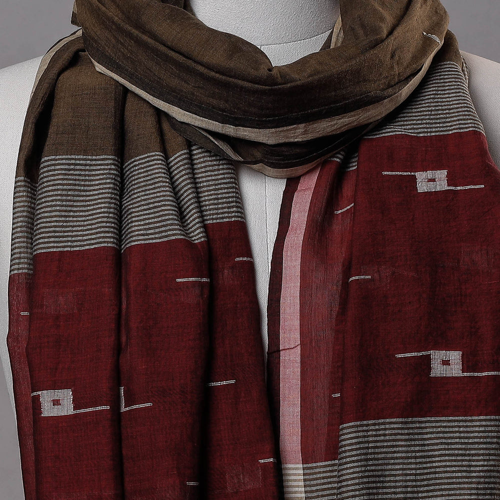 Brown - Burdwan Jamdani Buti Handloom Pure Cotton Stole with Tassels