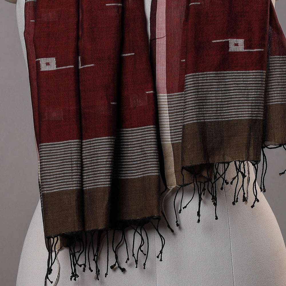 Brown - Burdwan Jamdani Buti Handloom Pure Cotton Stole with Tassels