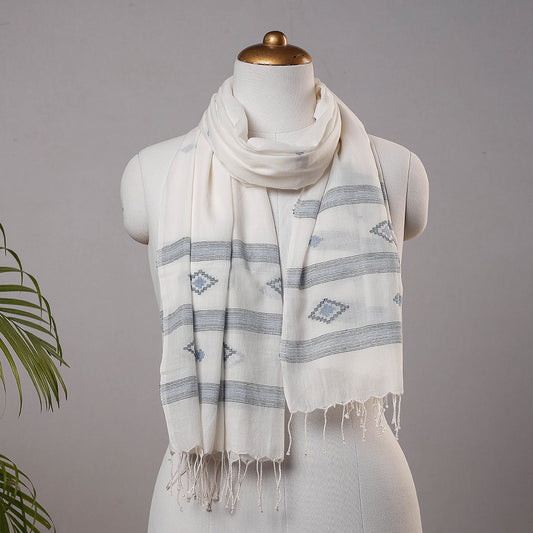 White - Burdwan Jamdani Buti Handloom Pure Cotton Stole with Tassels