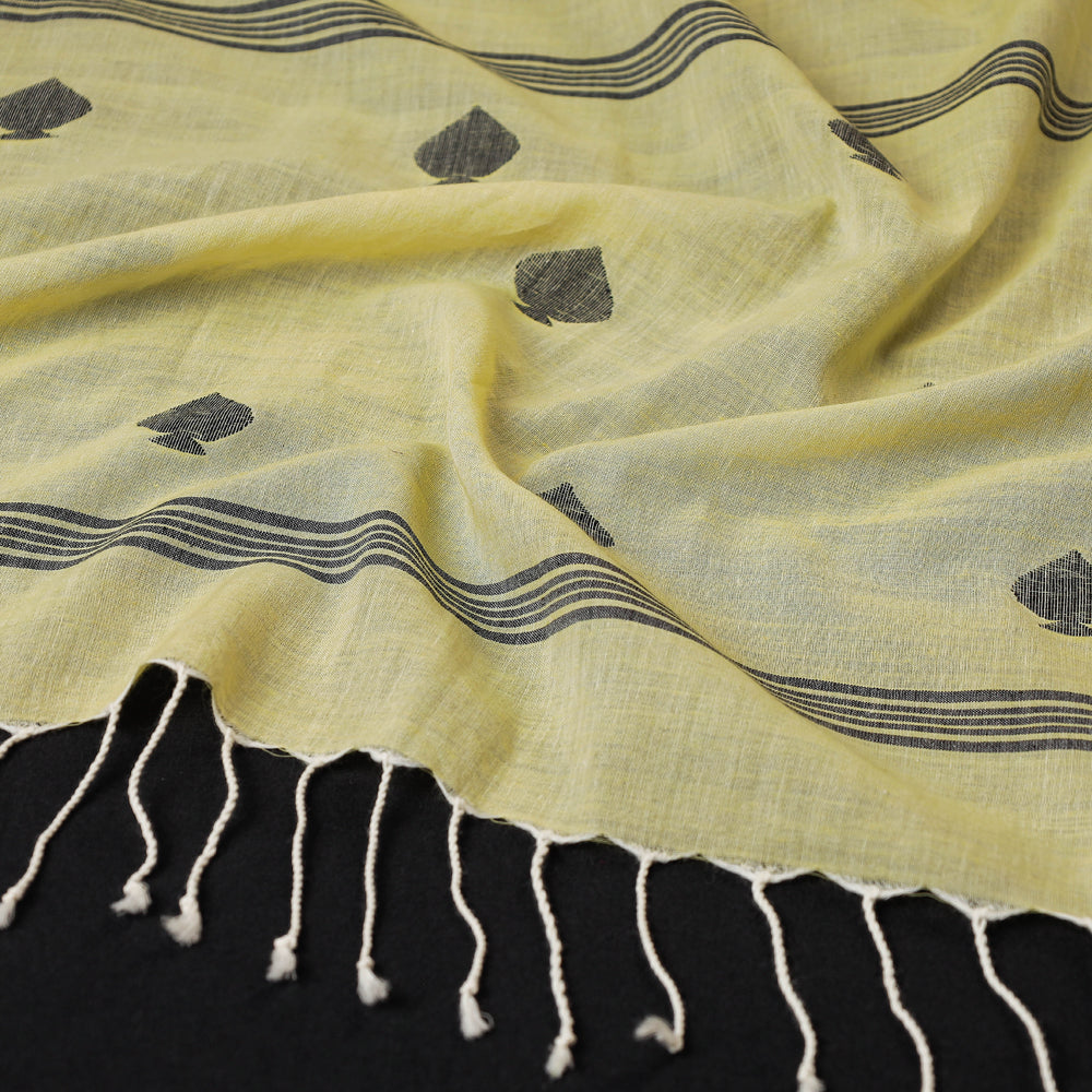 Yellow - Phulia Bengal Jamdani Handloom Pure Cotton Stole with Tassels