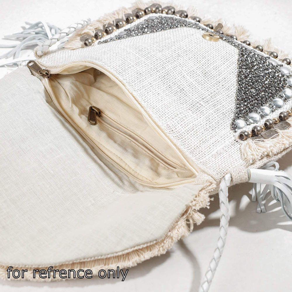 Beige - Banjara Vintage Embroidery Mirror, Bead & Coin Work Sling Bag