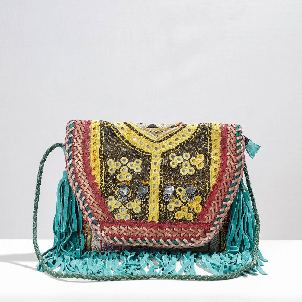 Green - Banjara Vintage Embroidery Mirror & Coin Work Sling Bag with Bag Charm