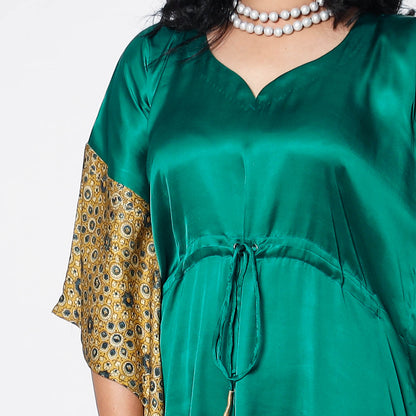 Persian Green Modal Silk Ajrakh Printed Kaftan Dress (Medium)
