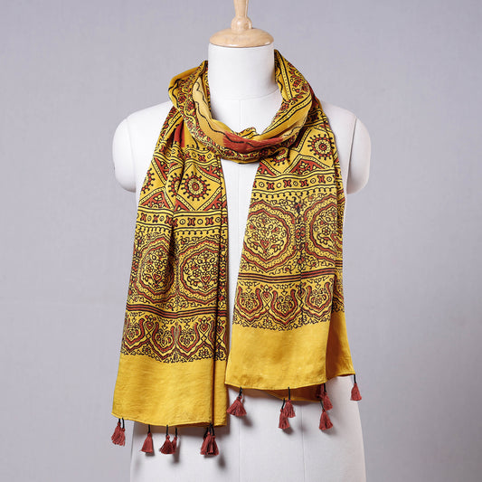 Yellow - Ajrakh Block Printed Natural Dyed Modal Silk Stole