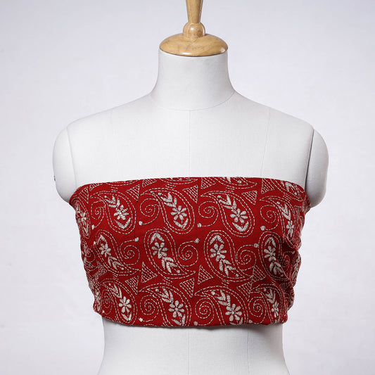 Red - Bengal Kantha Embroidery Handloom Cotton Blouse Piece