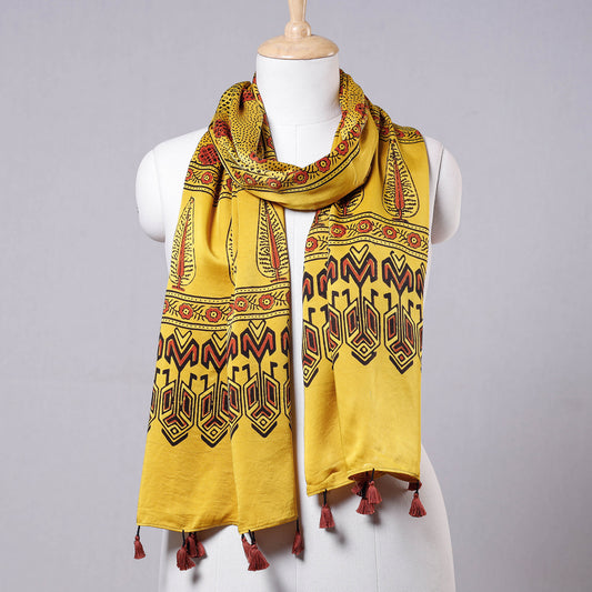 Yellow - Ajrakh Block Printed Natural Dyed Modal Silk Stole