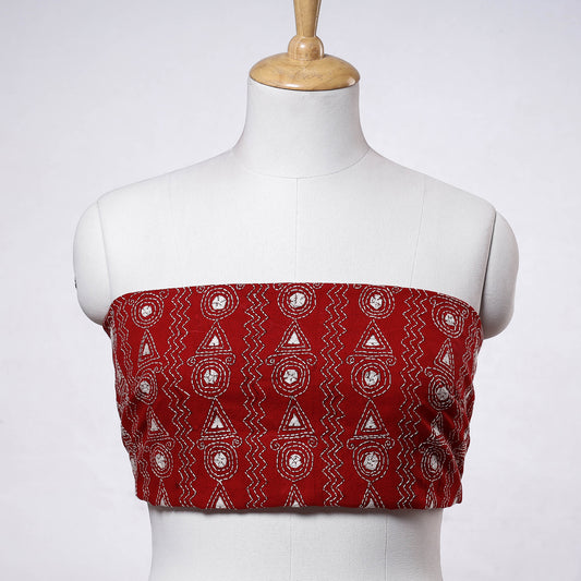 Red - Bengal Kantha Embroidery Handloom Cotton Blouse Piece