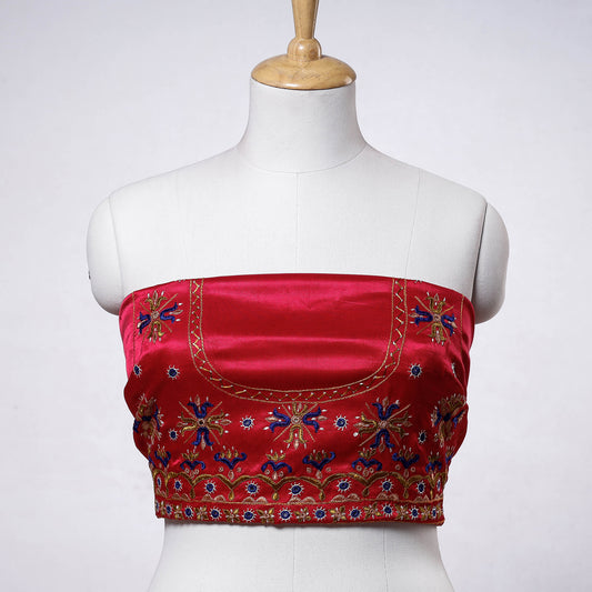 Red - Kutch Embroidery Mashru Silk Blouse Piece