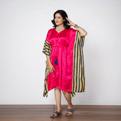 Pink - Magenta Modal Silk Ajrakh Printed Kaftan Dress (Medium)