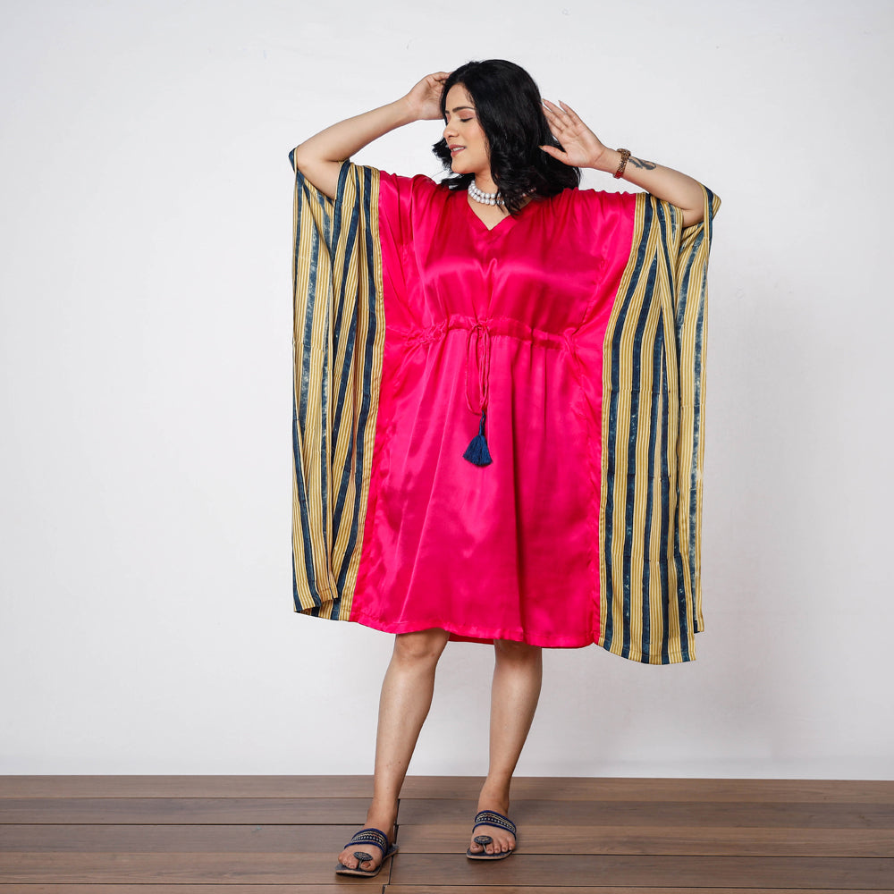 Pink - Magenta Modal Silk Ajrakh Printed Kaftan Dress (Medium)