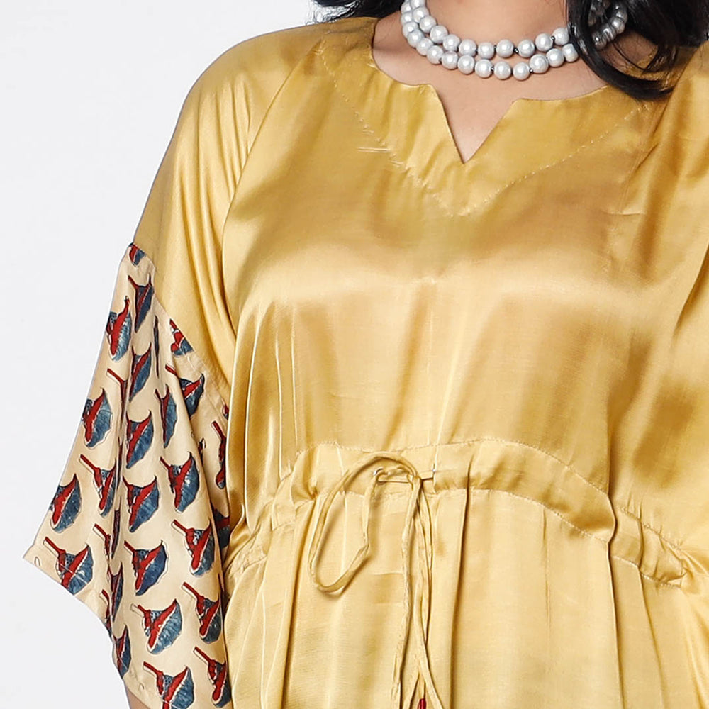 Yellow - Sand Modal Silk Ajrakh Printing Kaftan Dress (Medium)