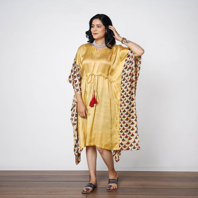 Yellow - Sand Modal Silk Ajrakh Printing Kaftan Dress (Medium)