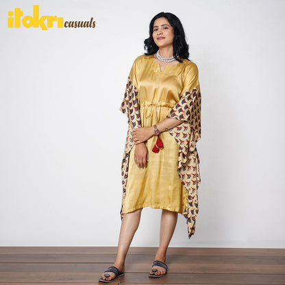 Yellow - Sand Modal Silk Ajrakh Printing Kaftan Dress (Medium)