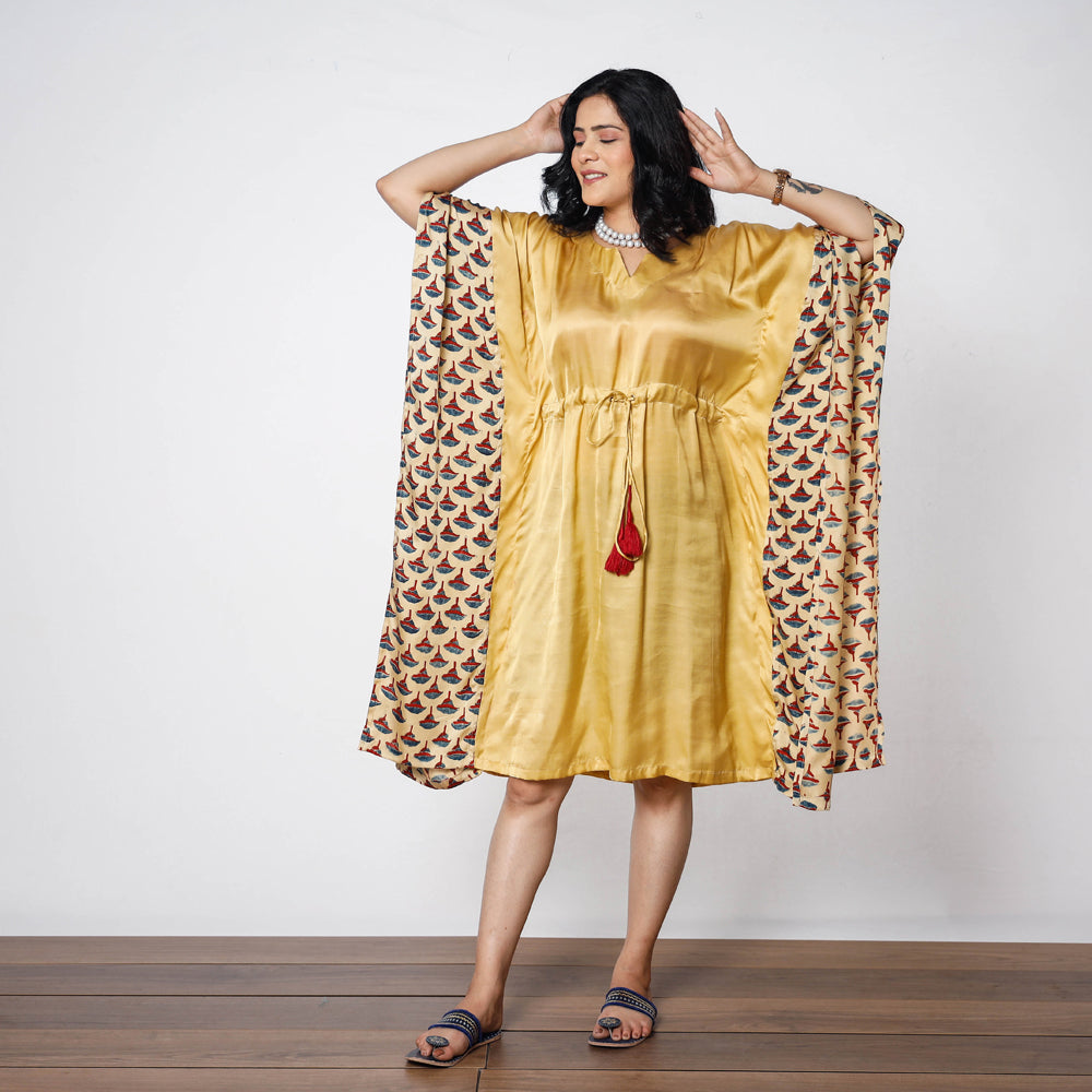 Yellow - Sand Modal Silk Ajrakh Printing Kaftan Dress (Medium)