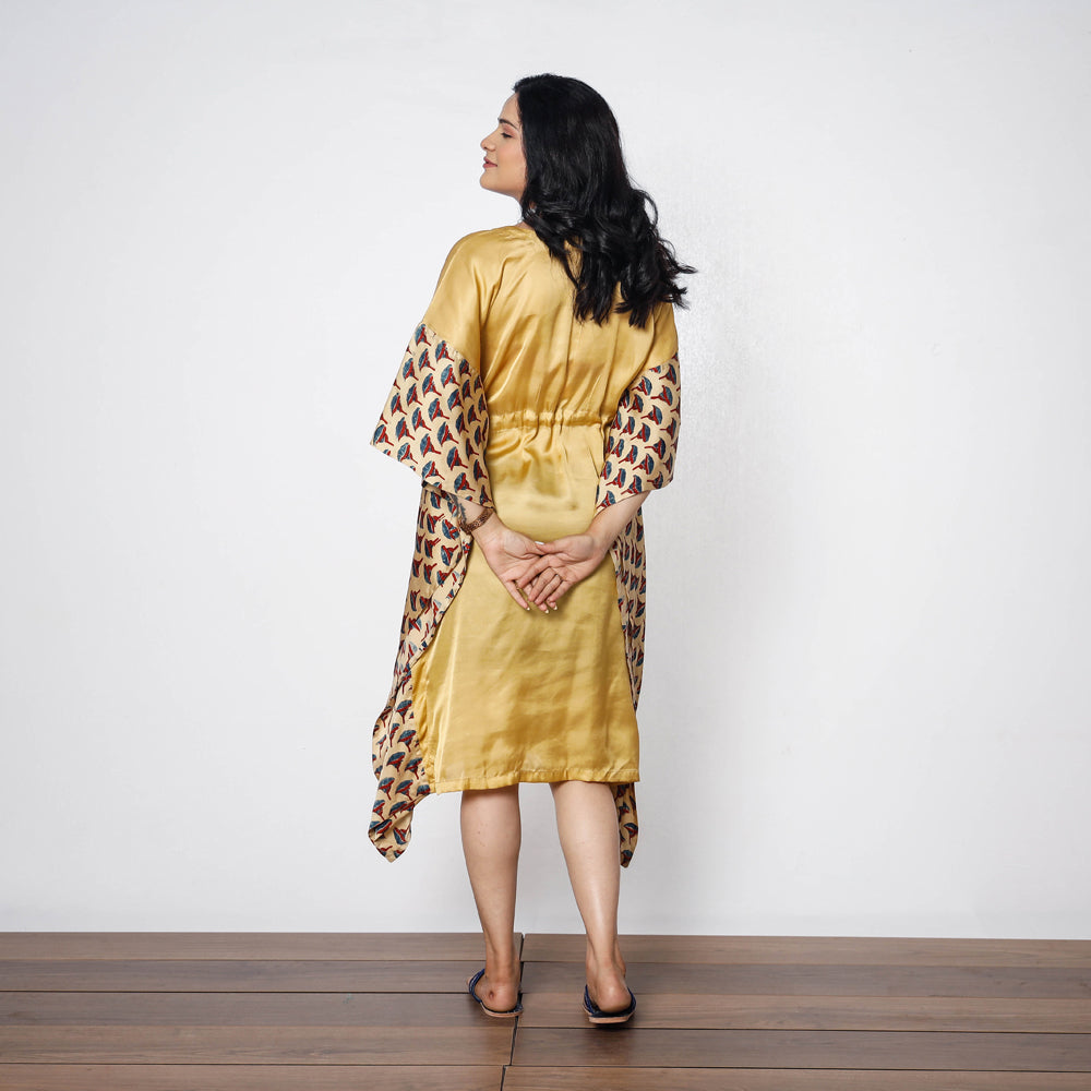 Yellow - Sand Modal Silk Ajrakh Printing Kaftan Dress (Medium)