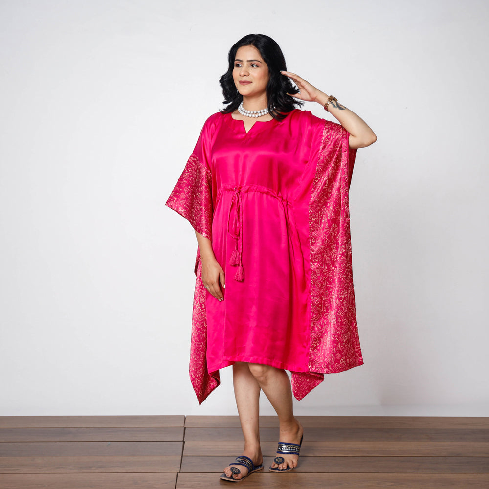 Pink - Magenta Mashru Silk Kutch Block Printing Kaftan Dress (Medium)