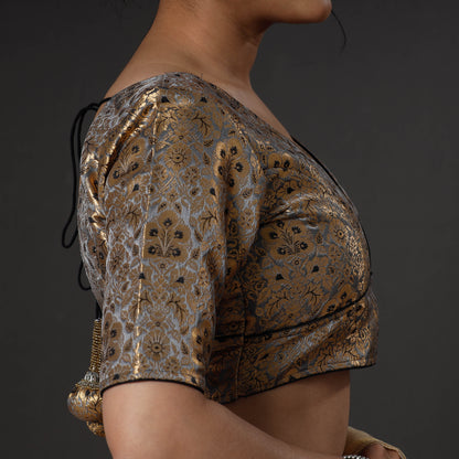 Dark Grey Banarasi Brocade Semi Kinkhab Weave Silk Stitched Blouse