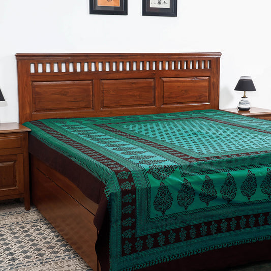 Green - Bagh Block Printed Cotton Double Bed Cover (106 x 90 in)