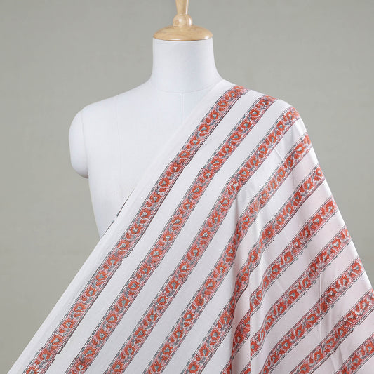 Multicolor - Red Floral Border & Stripes Sanganeri Block Printing Cotton Fabric