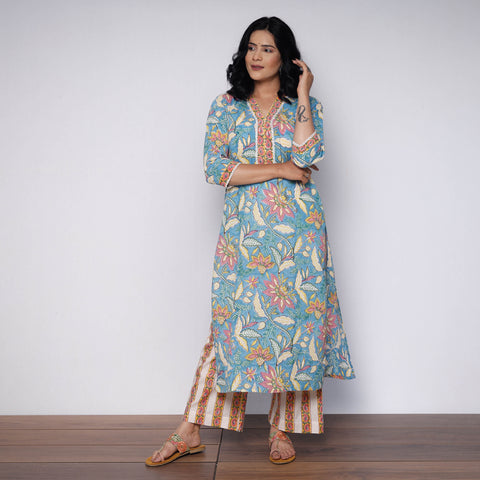 Buy Sanganeri Hand Block Printed Cotton Long Kurta with Palazzo Set Online l iTokri.com