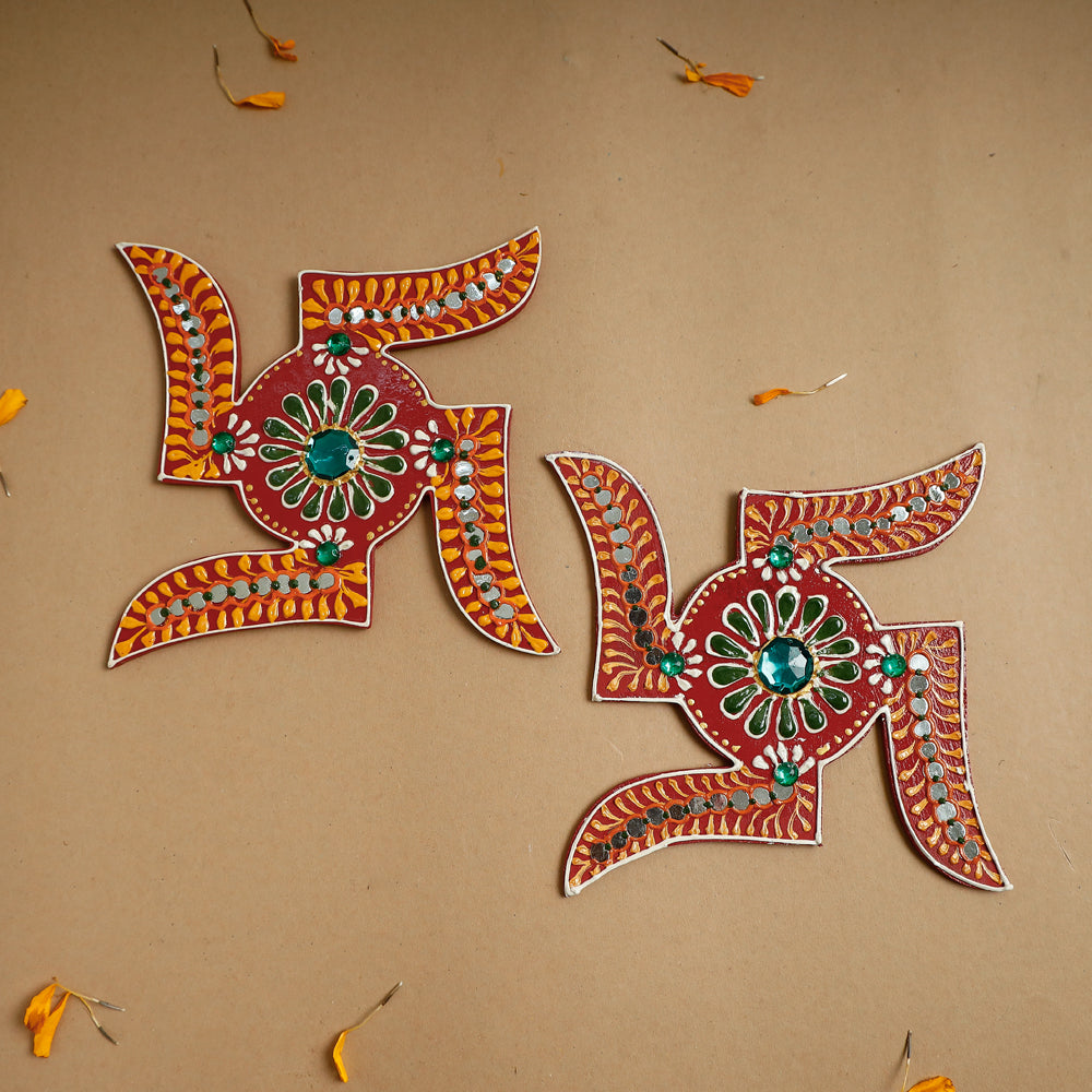 Diwali Decor Handpainted Wooden Swastik (Set of 2)