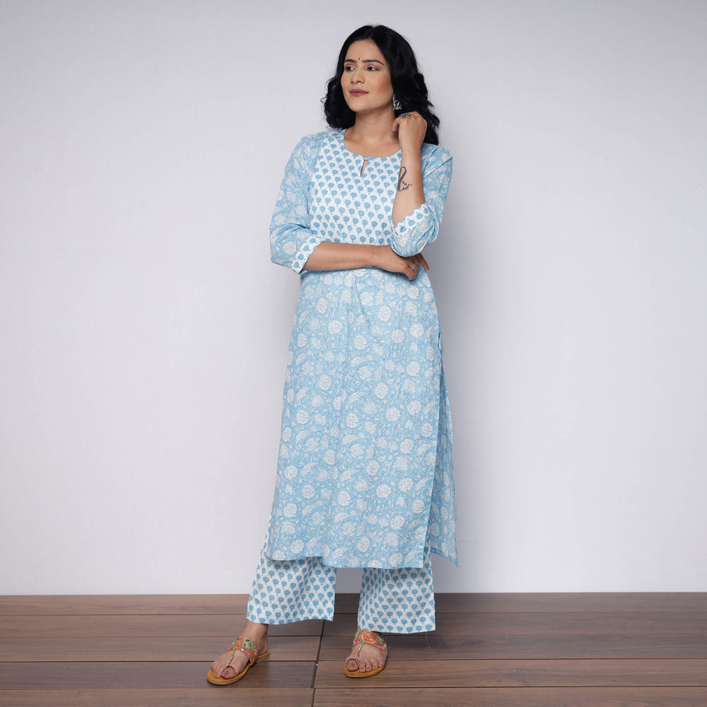 Light Sky Blue Sanganeri Hand Block Printed Cotton Kurta with Palazzo Set