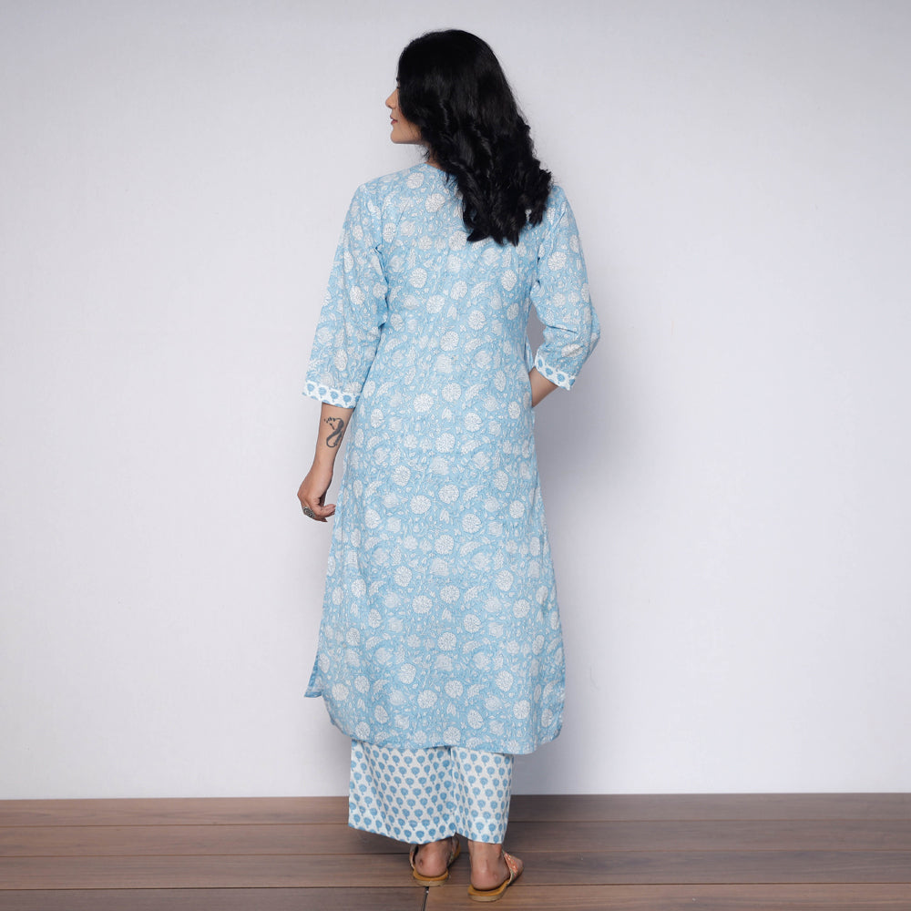 Light Sky Blue Sanganeri Hand Block Printed Cotton Kurta with Palazzo Set