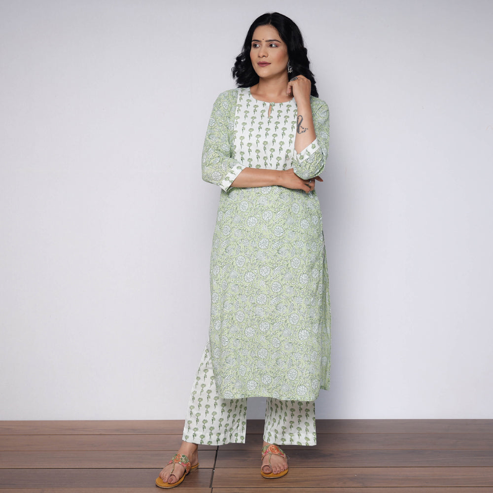 Green White Sanganeri Hand Block Printed Cotton Kurta with Palazzo Set