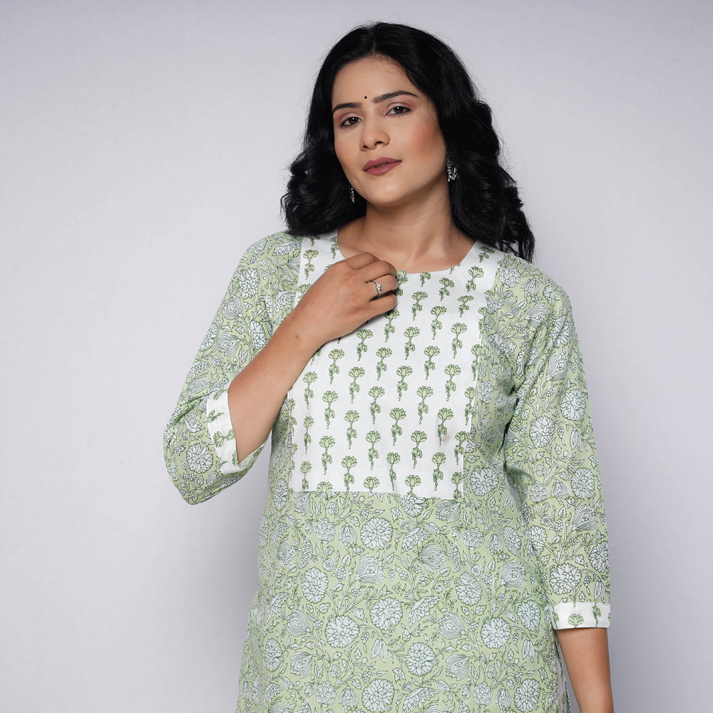 Green White Sanganeri Hand Block Printed Cotton Kurta with Palazzo Set