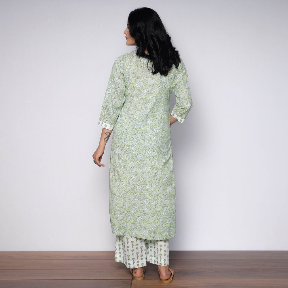 Green White Sanganeri Hand Block Printed Cotton Kurta with Palazzo Set