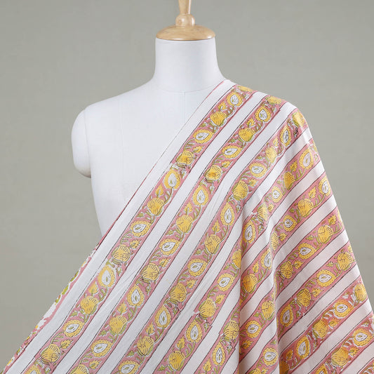 Multicolor - Patterned Stripes On White Sanganeri Block Printed Cotton Fabric
