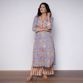 Buy Sanganeri Hand Block Printed Cotton Long Kurta with Palazzo Set Online l iTokri.com