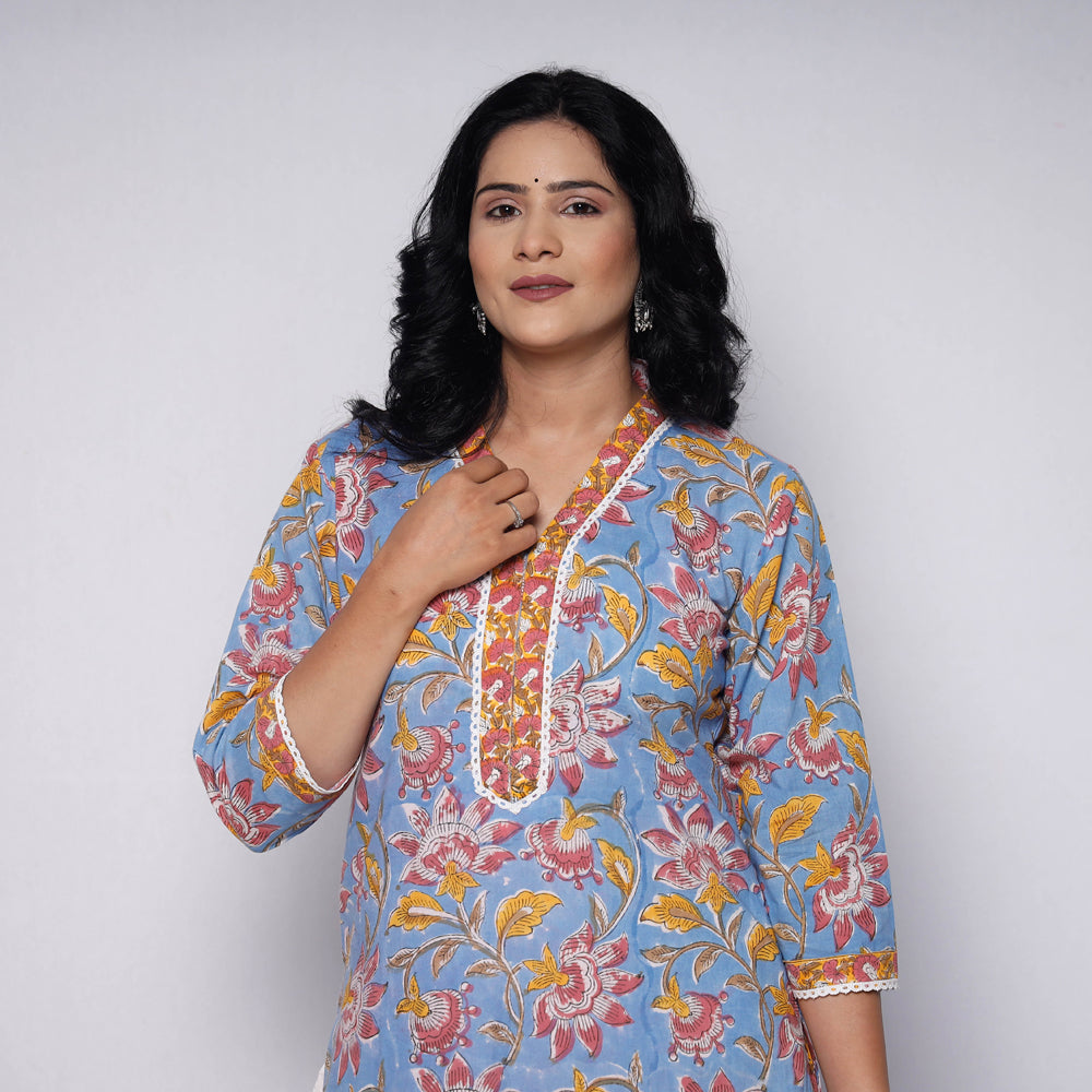 Buy Sanganeri Hand Block Printed Cotton Long Kurta with Palazzo Set Online l iTokri.com