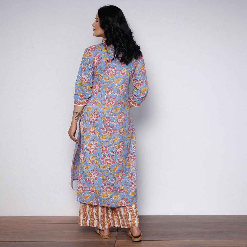 Buy Sanganeri Hand Block Printed Cotton Long Kurta with Palazzo Set Online l iTokri.com