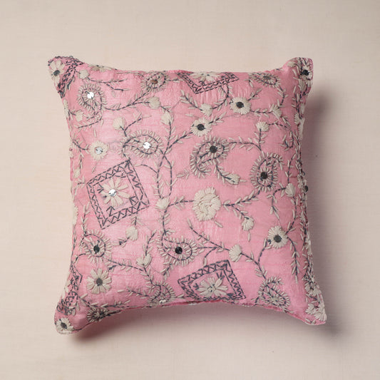 Pink - Phulkari Hand Embroidery Chanderi Silk Cushion Cover (16 x 16 in)