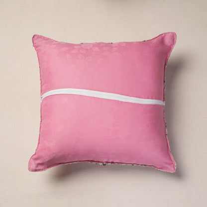 Pink - Phulkari Hand Embroidery Chanderi Silk Cushion Cover (16 x 16 in)