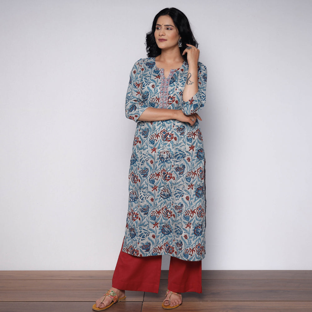 Blue Gray Maroon Sanganeri Hand Block Printed Cotton Kurta with Palazzo Set