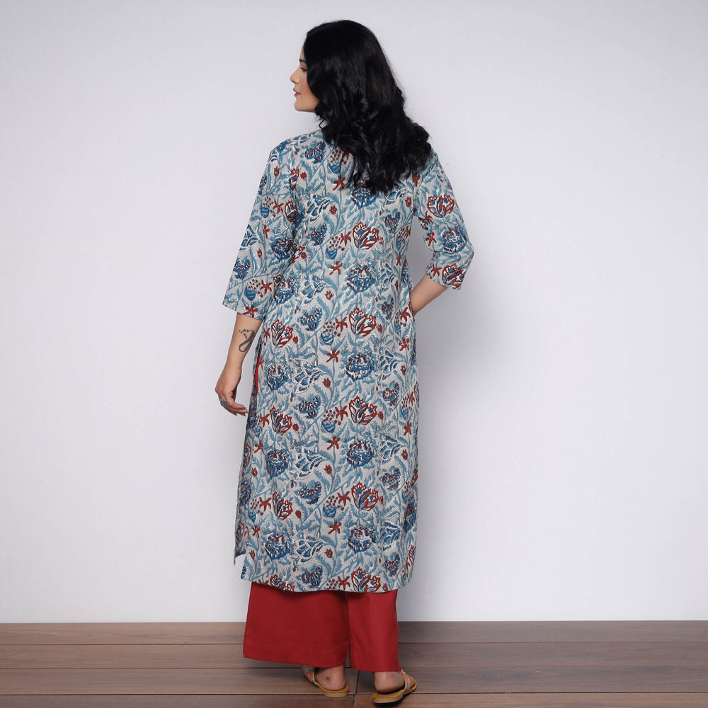 Blue Gray Maroon Sanganeri Hand Block Printed Cotton Kurta with Palazzo Set