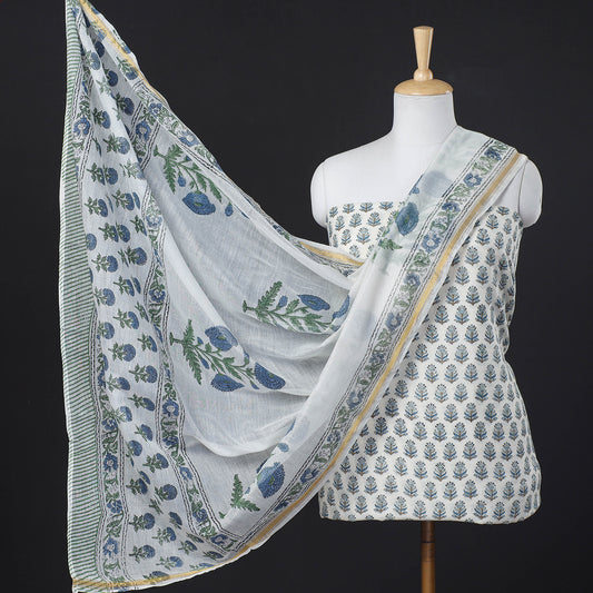 White - 2pc Sanganeri Block Printed Handwoven Kutch Woolen Suit Material with Silk Cotton Dupatta