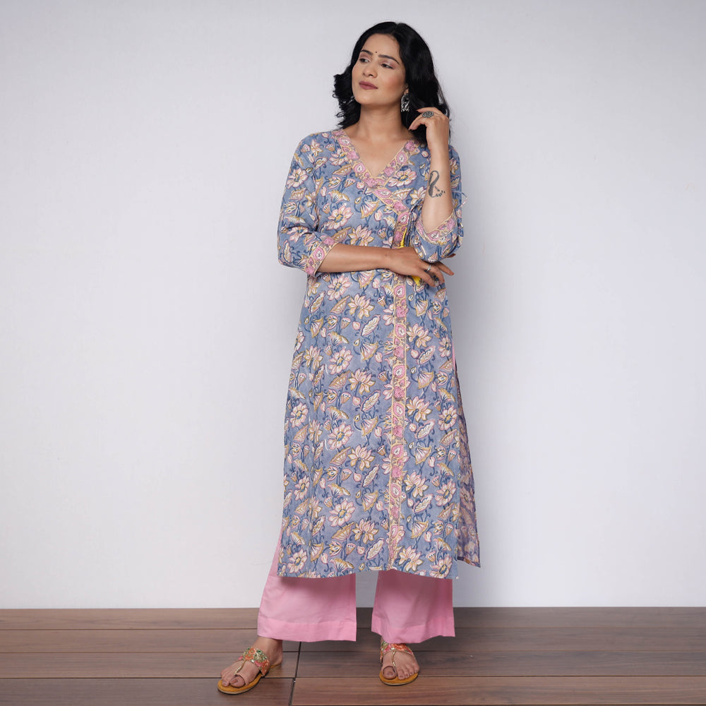 Grey Pink Sanganeri Hand Block Printed Cotton Kurta with Palazzo Set